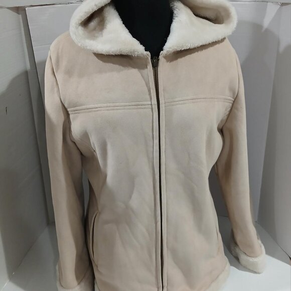 Sonoma Life + Style Women's Suede Fabric Beige HoodFaux Fur Coat/Jacket Size L. - Picture 2 of 14